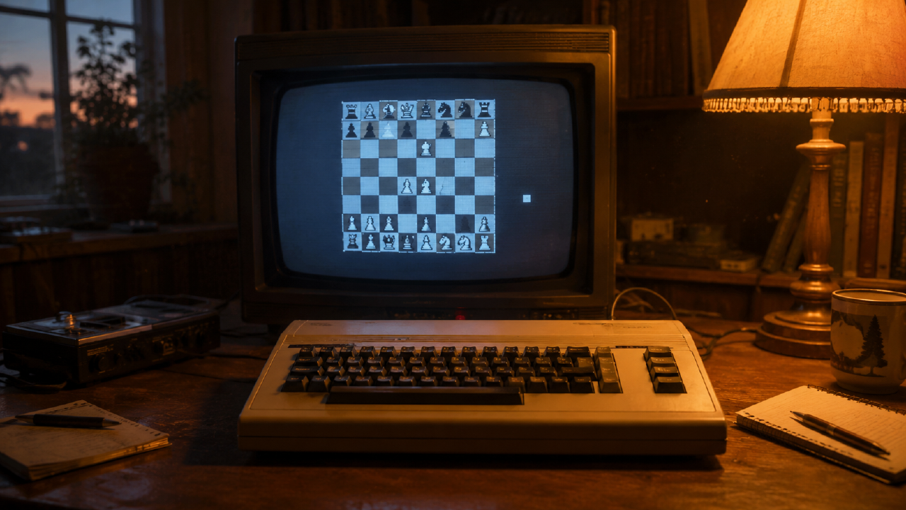 Früher Heimcomputer mit Röhrenbildschirm und Schachprogramm in warmem Abendlicht